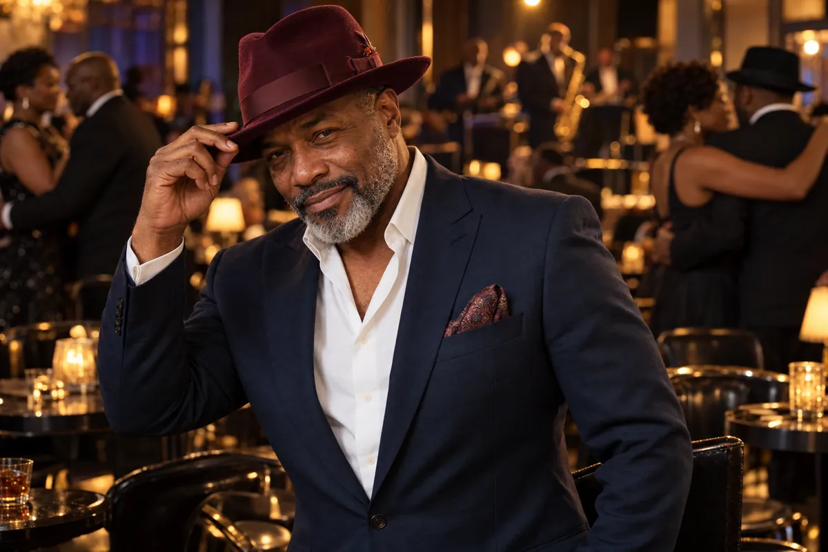 A man in a burgundy fedora and navy blazer tipping his hat in an elegant lounge